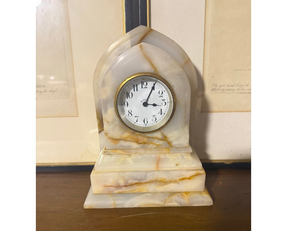 Vintage White Brown Marble Mantle / Desk Clock Victorian Style, Not Working